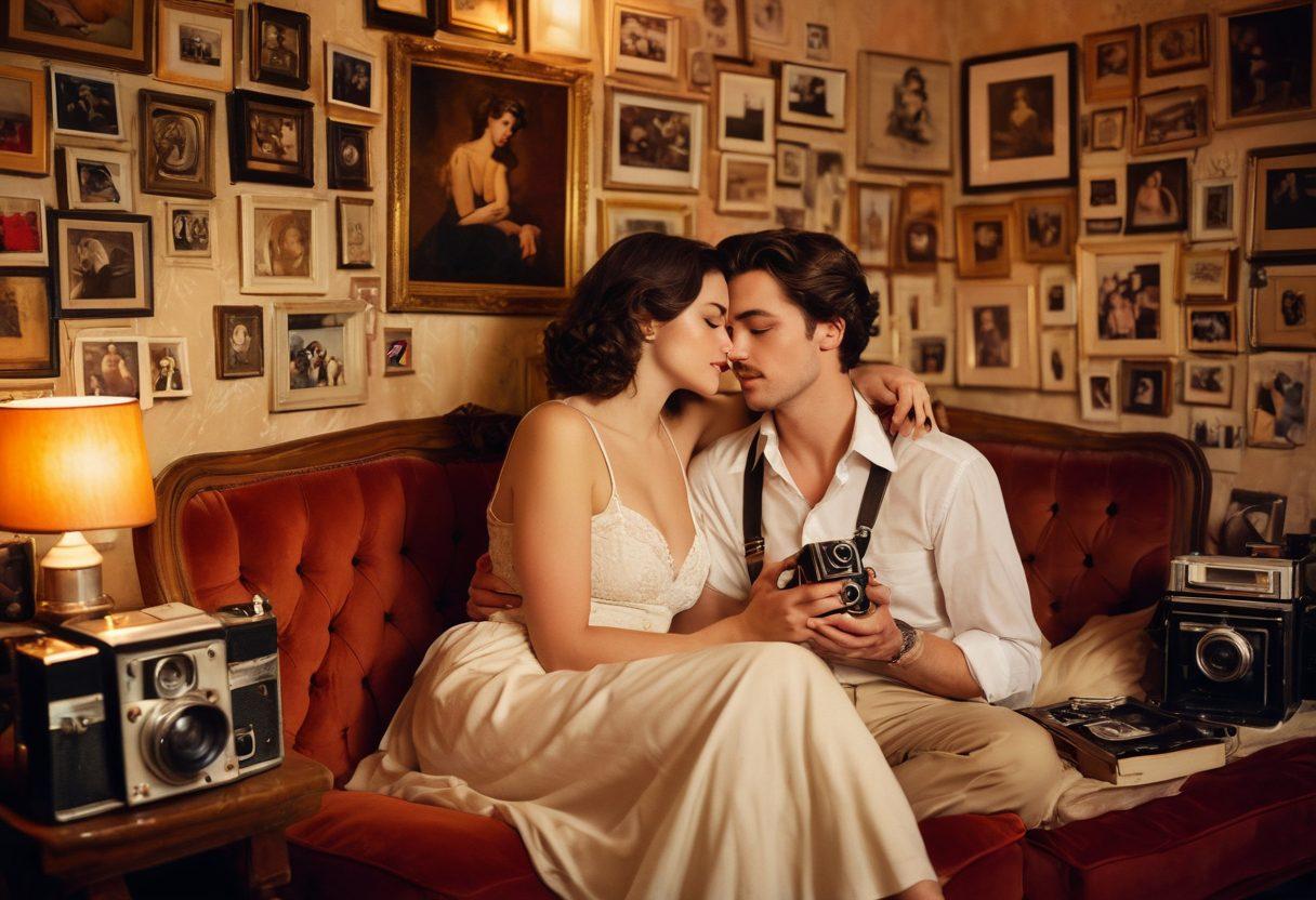 A cozy, intimate setting with a couple embracing in soft, warm light, surrounded by vintage cameras and photographs scattered artistically around. The scene conveys passion and creativity, with hints of racy glamour through strategically placed elements, like playful props or artistic nudes. Vibrant colors accentuate the emotions, creating a captivating atmosphere. soft focus. romantic ambiance. painting.