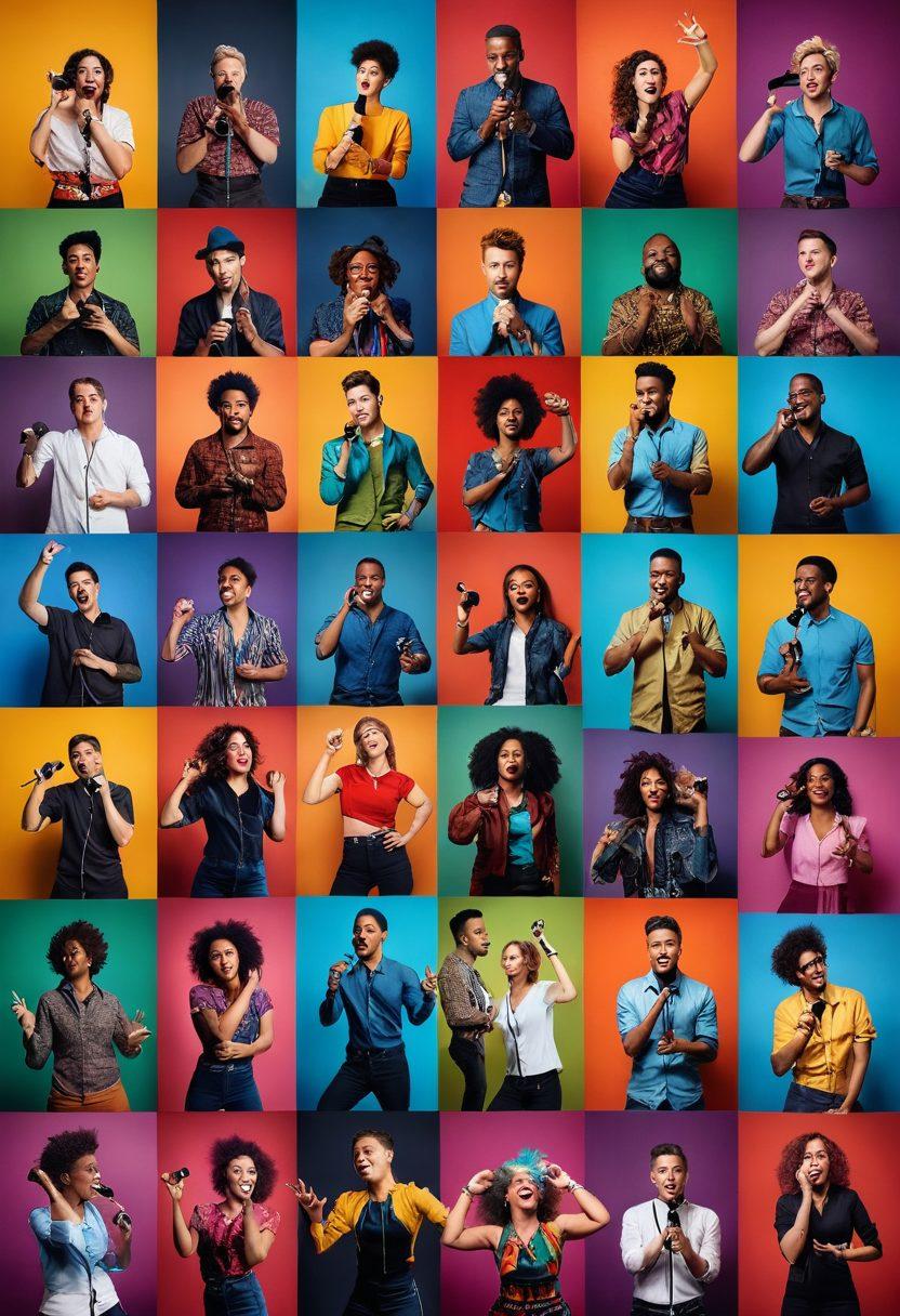 A vibrant and dynamic collage featuring diverse, confident amateur performers in expressive poses, set against a spotlight backdrop. Include elements like cameras, microphones, and an audience subtly blended in to represent the adult entertainment scene. Emphasize a celebratory atmosphere with bright colors and energy, showcasing individuality and charisma. super-realistic. vibrant colors. dynamic composition.